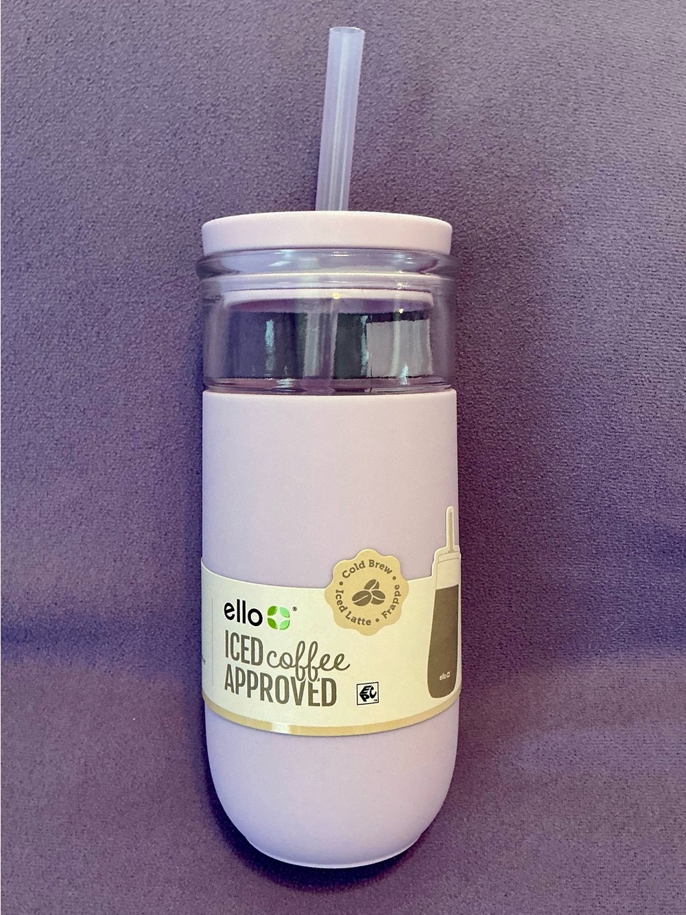 Ello 18 oz Avery Glass/Lilac Iced Coffee Tumbler with Straw and Silicone Sleeve